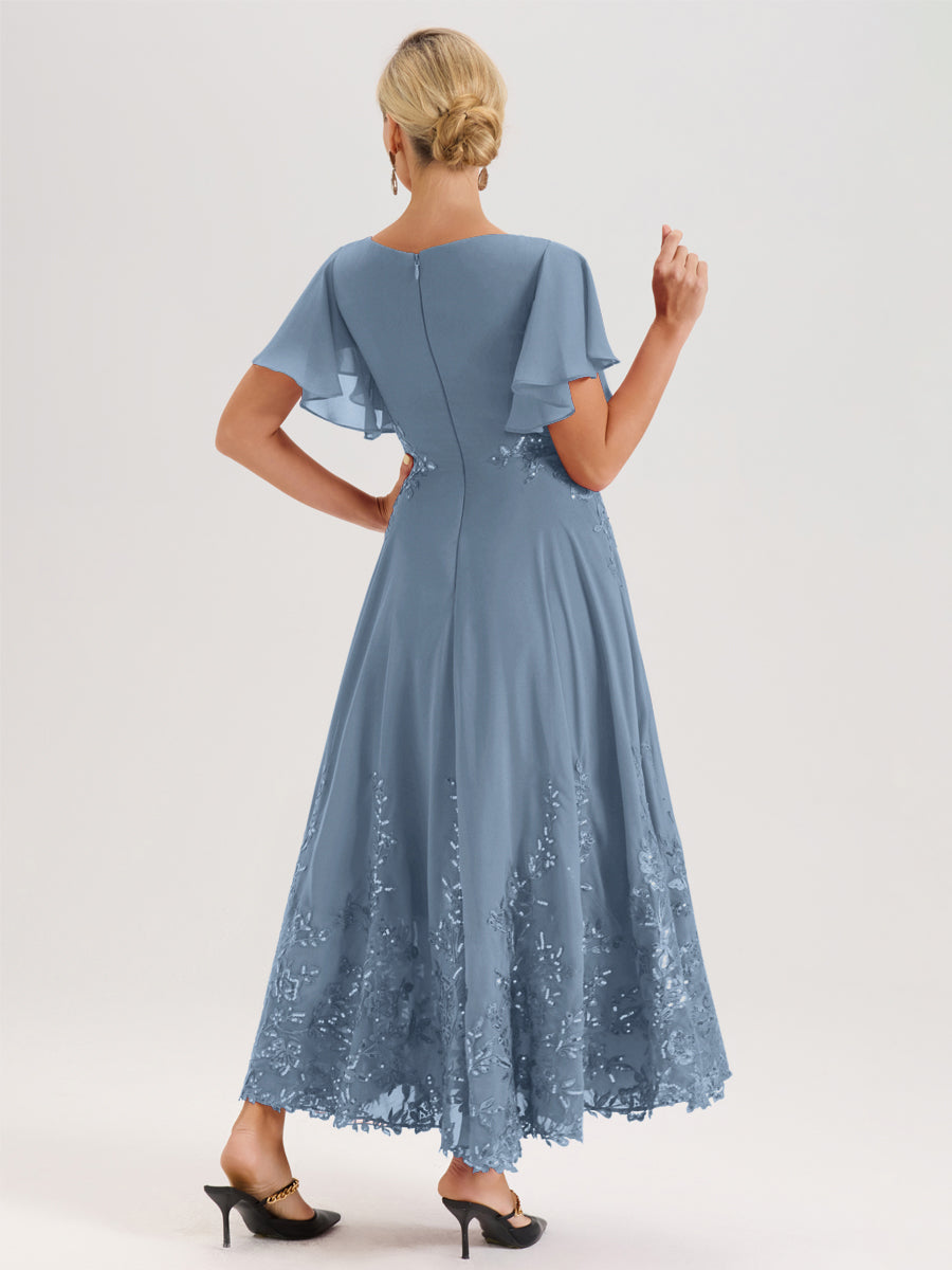 Cicinia Bleu De Schiste Robe De Mère De La Mariée Longue À La Cheville Ligne A En Dentelle Et Mousseline À Col Bateau Et Manches Courtes Volantées