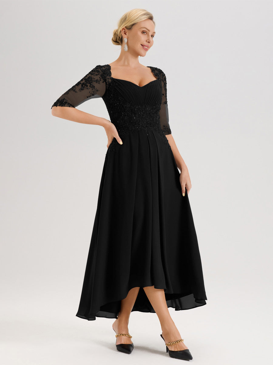 Cicinia Noir Robe De Mère De La Mariée Longue À Ourlet Irrégulier Ligne A En Dentelle Et Mousseline À Décolleté Cœur Et Manches Demi