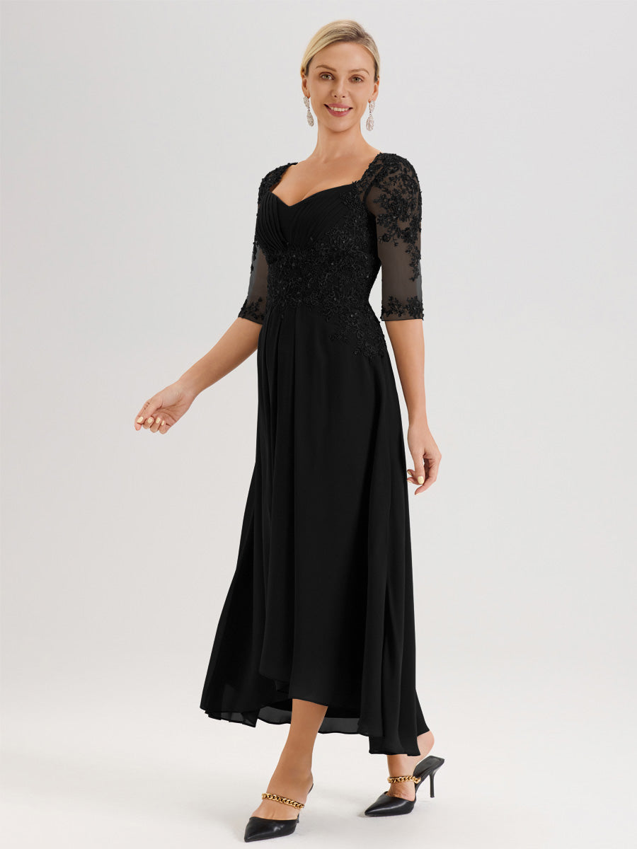 Cicinia Noir Robe De Mère De La Mariée Longue À Ourlet Irrégulier Ligne A En Dentelle Et Mousseline À Décolleté Cœur Et Manches Demi