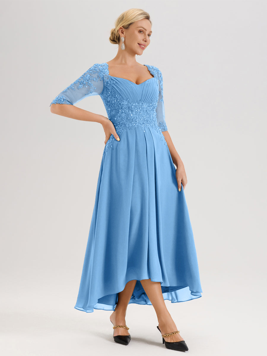 Cicinia Bleu Robe De Mère De La Mariée Longue À Ourlet Irrégulier Ligne A En Dentelle Et Mousseline À Décolleté Cœur Et Manches Demi