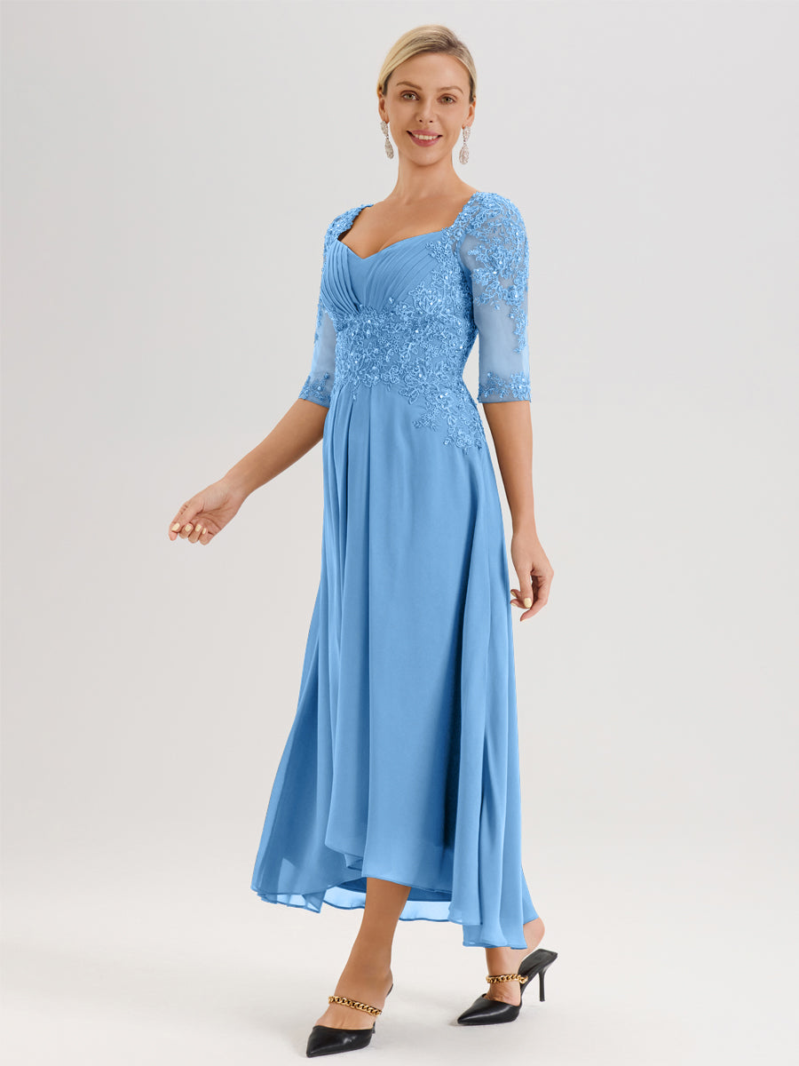 Cicinia Bleu Robe De Mère De La Mariée Longue À Ourlet Irrégulier Ligne A En Dentelle Et Mousseline À Décolleté Cœur Et Manches Demi