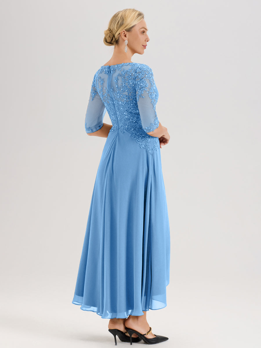 Cicinia Bleu Robe De Mère De La Mariée Longue À Ourlet Irrégulier Ligne A En Dentelle Et Mousseline À Décolleté Cœur Et Manches Demi