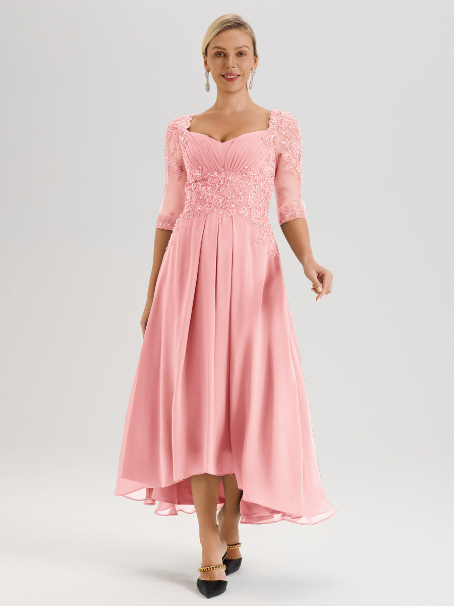 Cicinia Rose Robe De Mère De La Mariée Longue À Ourlet Irrégulier Ligne A En Dentelle Et Mousseline À Décolleté Cœur Et Manches Demi