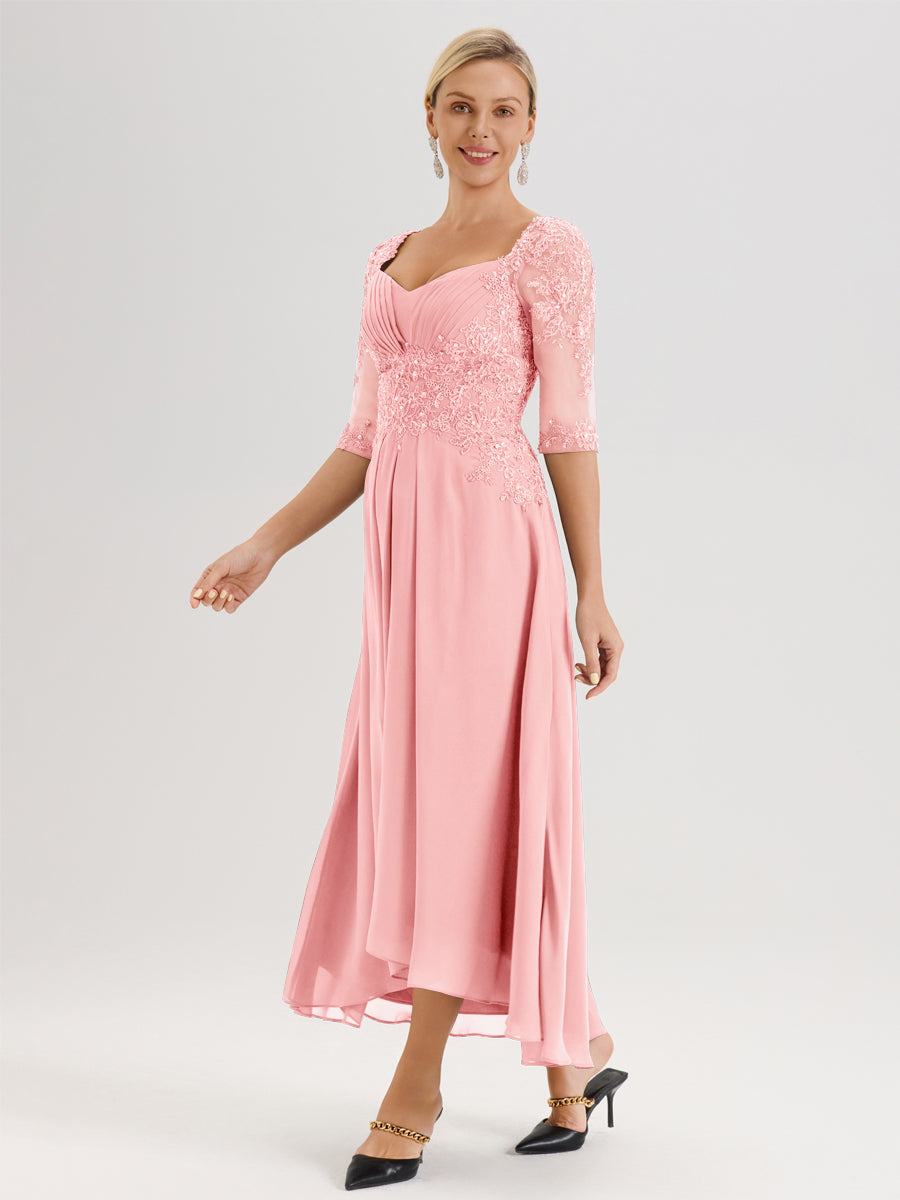 Cicinia Rose Robe De Mère De La Mariée Longue À Ourlet Irrégulier Ligne A En Dentelle Et Mousseline À Décolleté Cœur Et Manches Demi