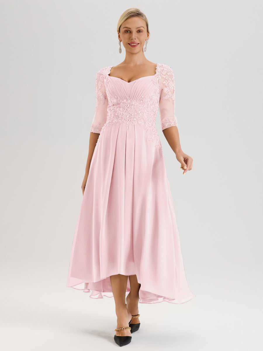 Cicinia Rose Pâle Robe De Mère De La Mariée Longue À Ourlet Irrégulier Ligne A En Dentelle Et Mousseline À Décolleté Cœur Et Manches Demi