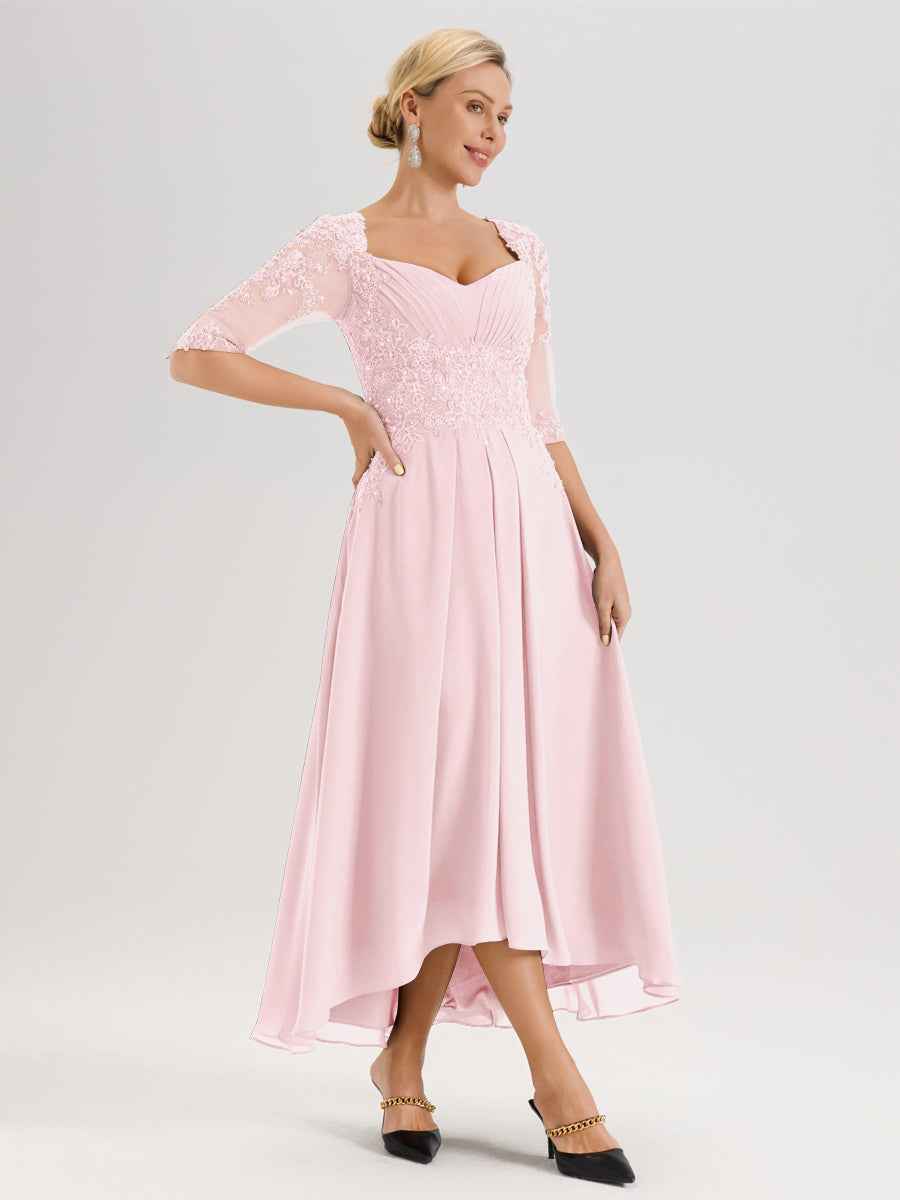 Cicinia Rose Pâle Robe De Mère De La Mariée Longue À Ourlet Irrégulier Ligne A En Dentelle Et Mousseline À Décolleté Cœur Et Manches Demi