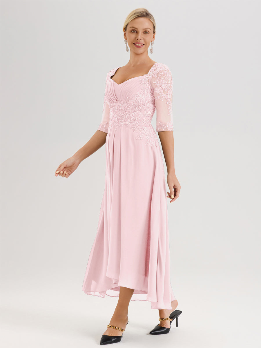 Cicinia Rose Pâle Robe De Mère De La Mariée Longue À Ourlet Irrégulier Ligne A En Dentelle Et Mousseline À Décolleté Cœur Et Manches Demi