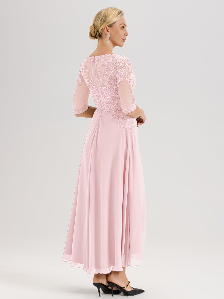 Cicinia Rose Pâle Robe De Mère De La Mariée Longue À Ourlet Irrégulier Ligne A En Dentelle Et Mousseline À Décolleté Cœur Et Manches Demi