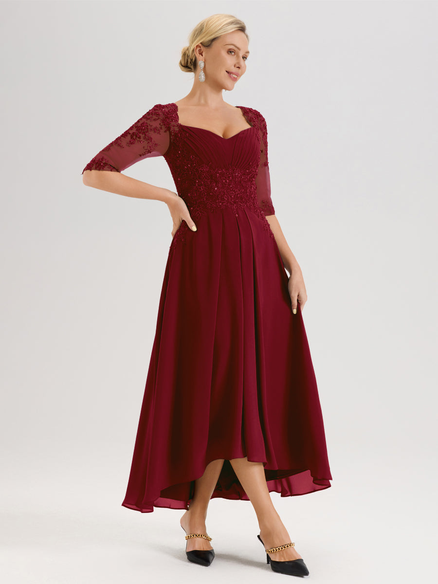 Cicinia Bordeaux Robe De Mère De La Mariée Longue À Ourlet Irrégulier Ligne A En Dentelle Et Mousseline À Décolleté Cœur Et Manches Demi