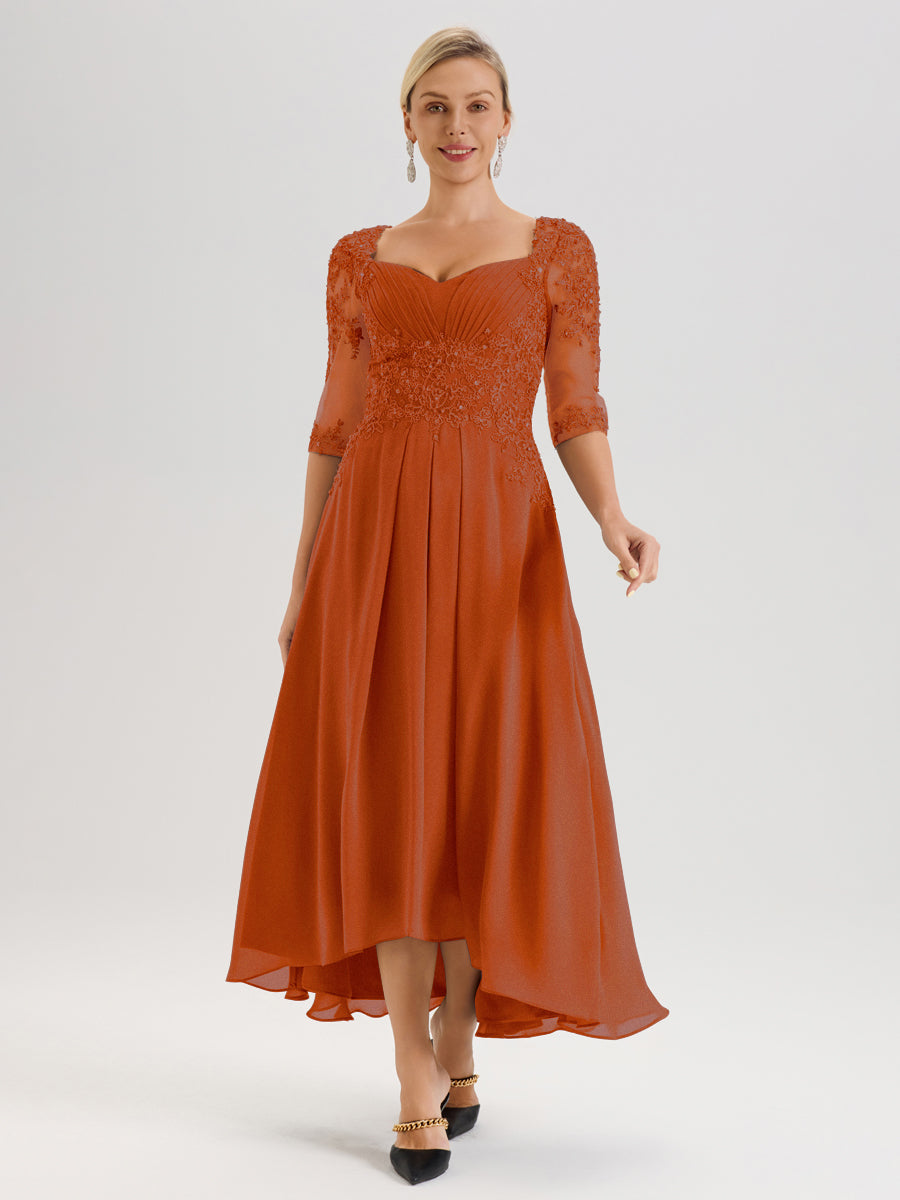 Cicinia Orange Brûlé Robe De Mère De La Mariée Longue À Ourlet Irrégulier Ligne A En Dentelle Et Mousseline À Décolleté Cœur Et Manches Demi