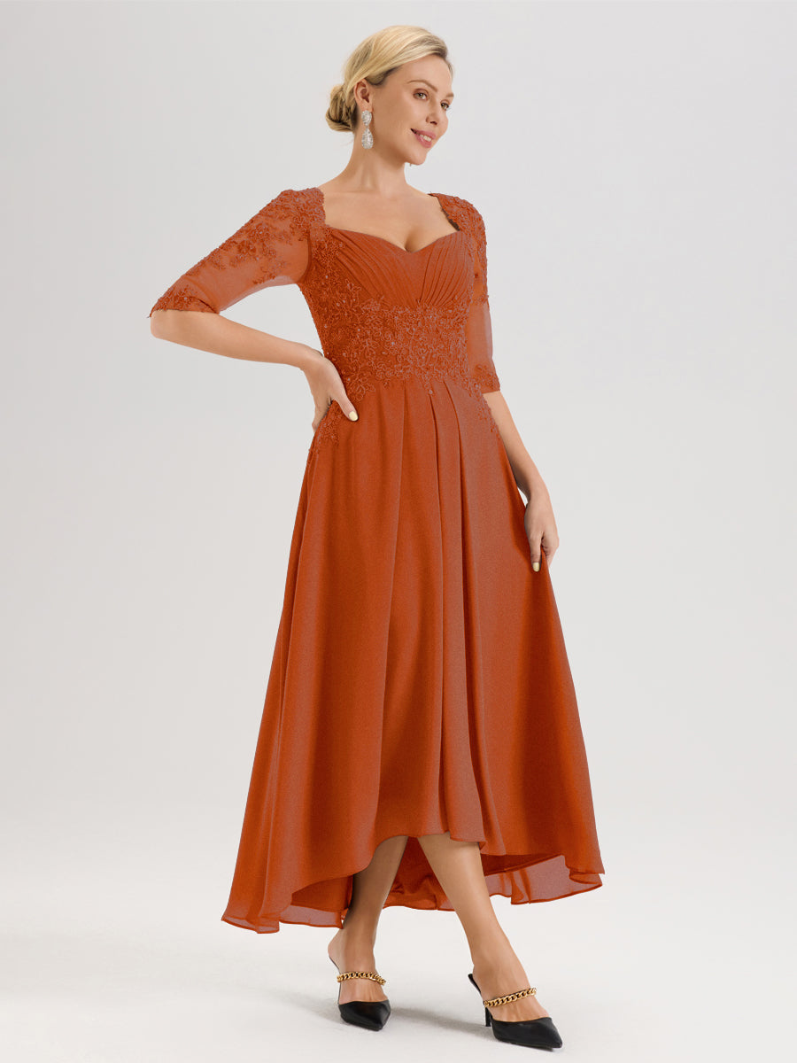 Cicinia Orange Brûlé Robe De Mère De La Mariée Longue À Ourlet Irrégulier Ligne A En Dentelle Et Mousseline À Décolleté Cœur Et Manches Demi