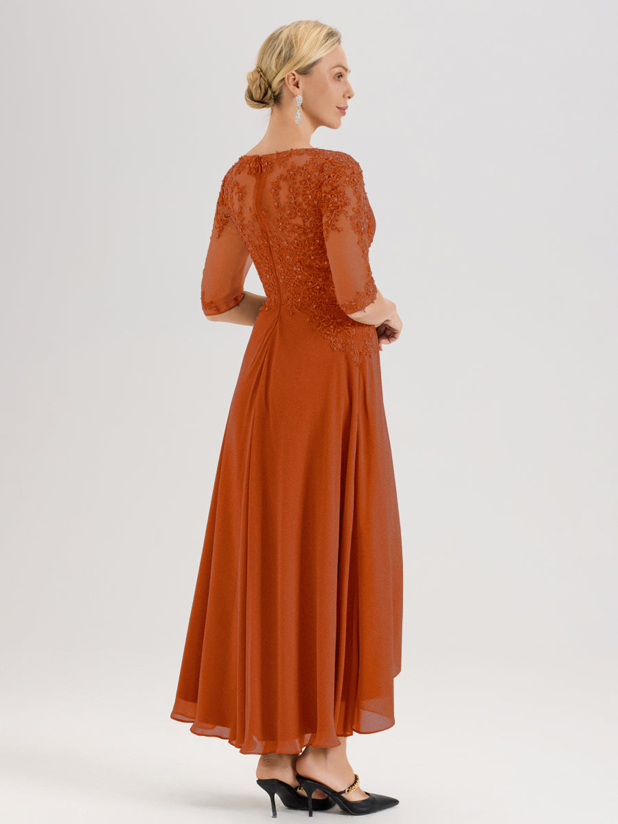 Cicinia Orange Brûlé Robe De Mère De La Mariée Longue À Ourlet Irrégulier Ligne A En Dentelle Et Mousseline À Décolleté Cœur Et Manches Demi