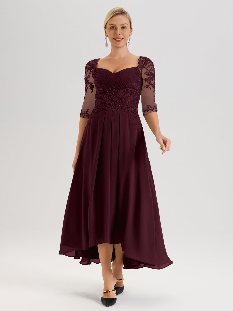 Cicinia Cabernet Robe De Mère De La Mariée Longue À Ourlet Irrégulier Ligne A En Dentelle Et Mousseline À Décolleté Cœur Et Manches Demi