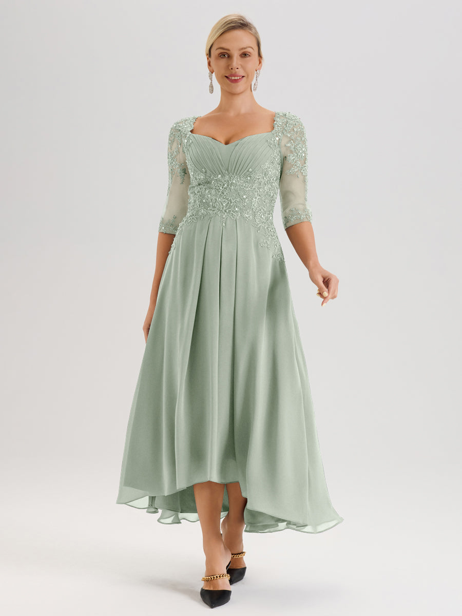 Cicinia Celadon Robe De Mère De La Mariée Longue À Ourlet Irrégulier Ligne A En Dentelle Et Mousseline À Décolleté Cœur Et Manches Demi