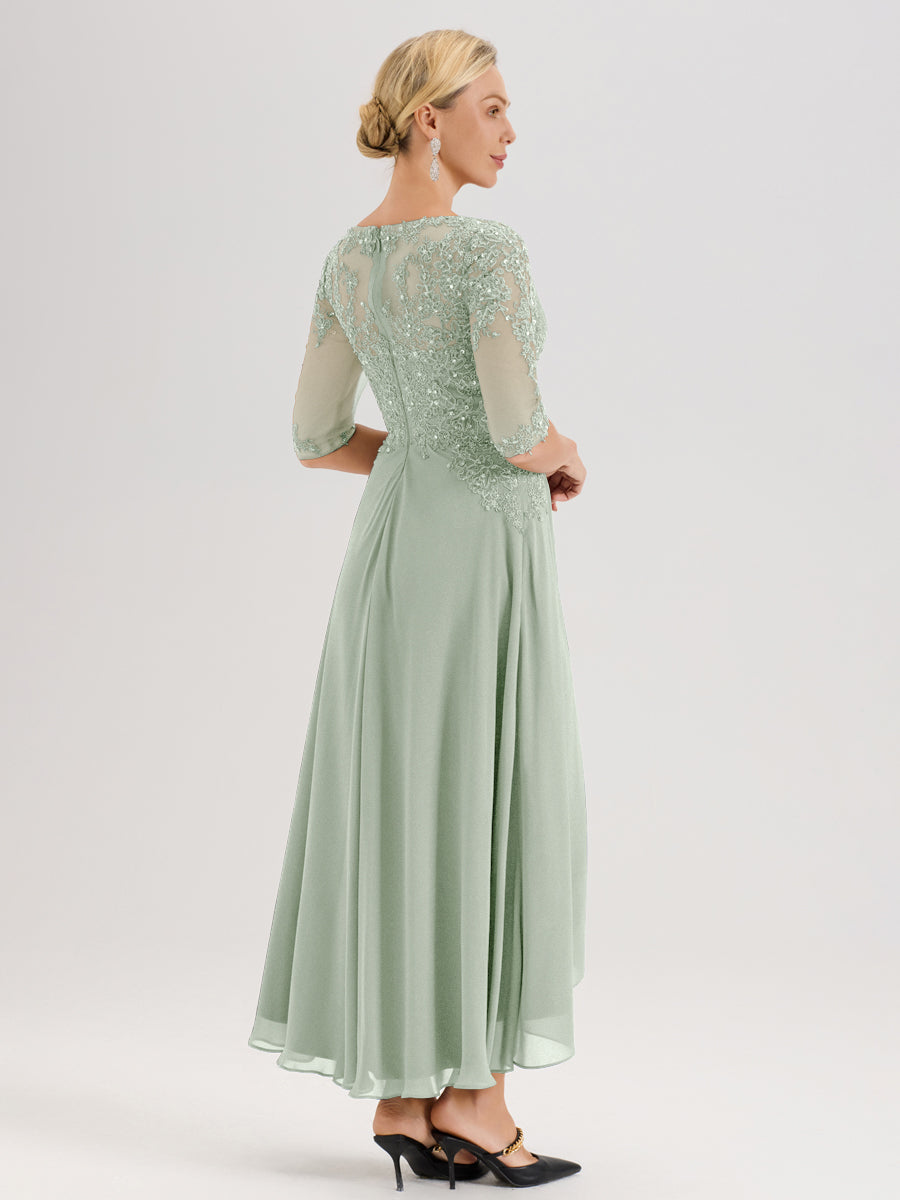 Cicinia Celadon Robe De Mère De La Mariée Longue À Ourlet Irrégulier Ligne A En Dentelle Et Mousseline À Décolleté Cœur Et Manches Demi