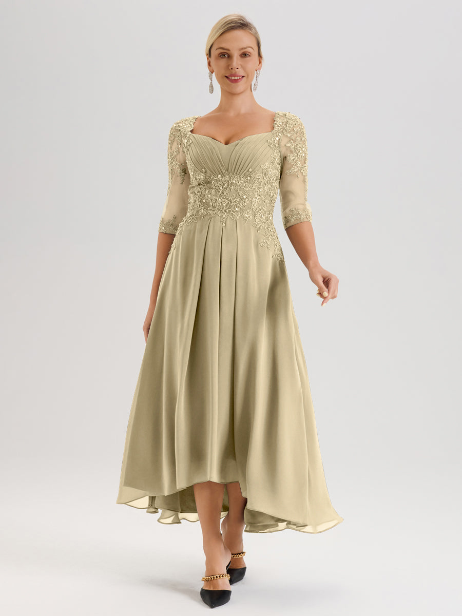 Cicinia Champagne Robe De Mère De La Mariée Longue À Ourlet Irrégulier Ligne A En Dentelle Et Mousseline À Décolleté Cœur Et Manches Demi