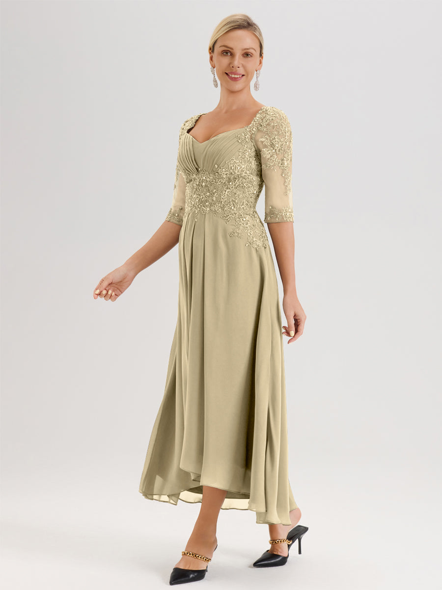 Cicinia Champagne Robe De Mère De La Mariée Longue À Ourlet Irrégulier Ligne A En Dentelle Et Mousseline À Décolleté Cœur Et Manches Demi