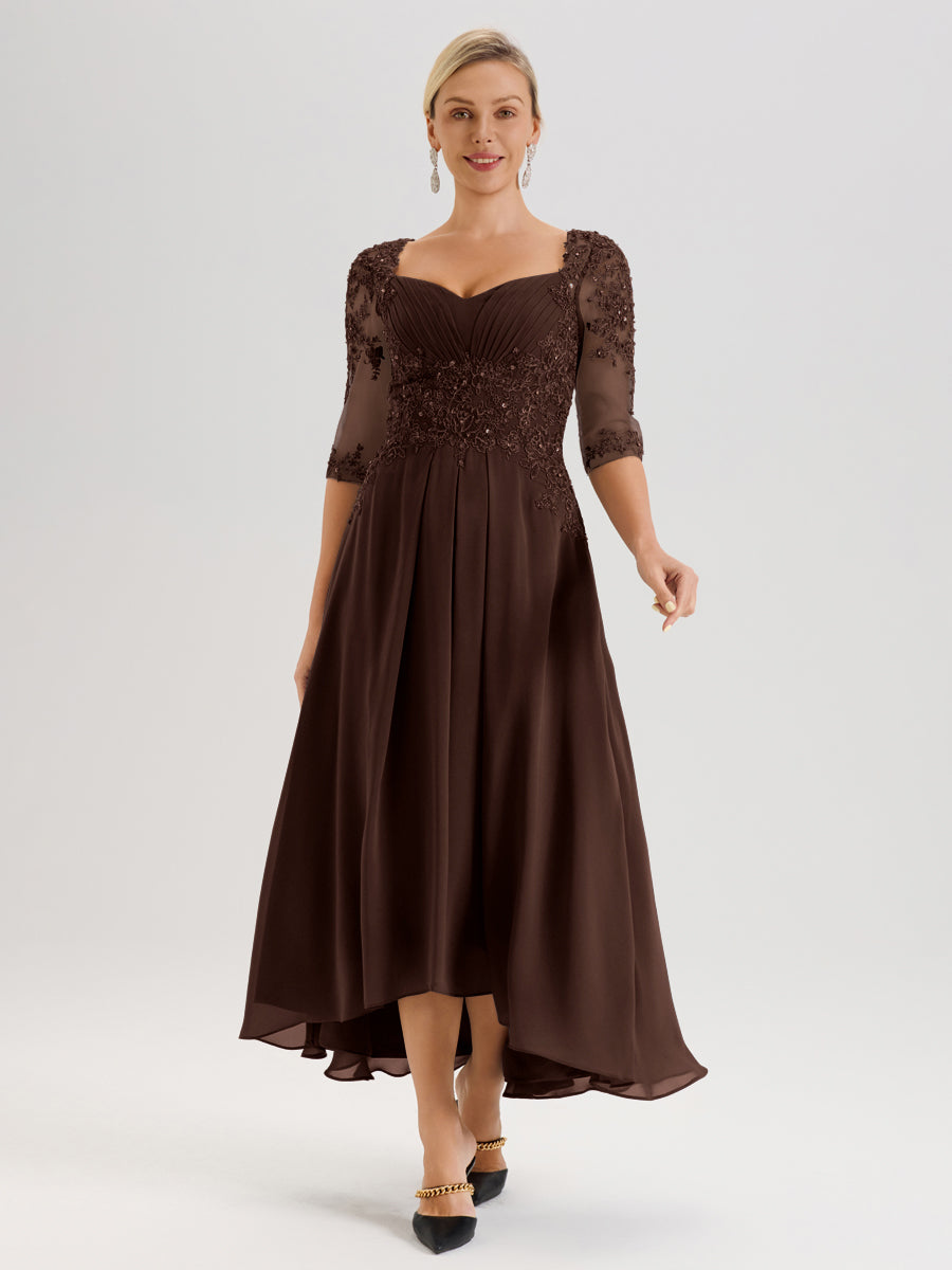 Cicinia Chocolat Robe De Mère De La Mariée Longue À Ourlet Irrégulier Ligne A En Dentelle Et Mousseline À Décolleté Cœur Et Manches Demi
