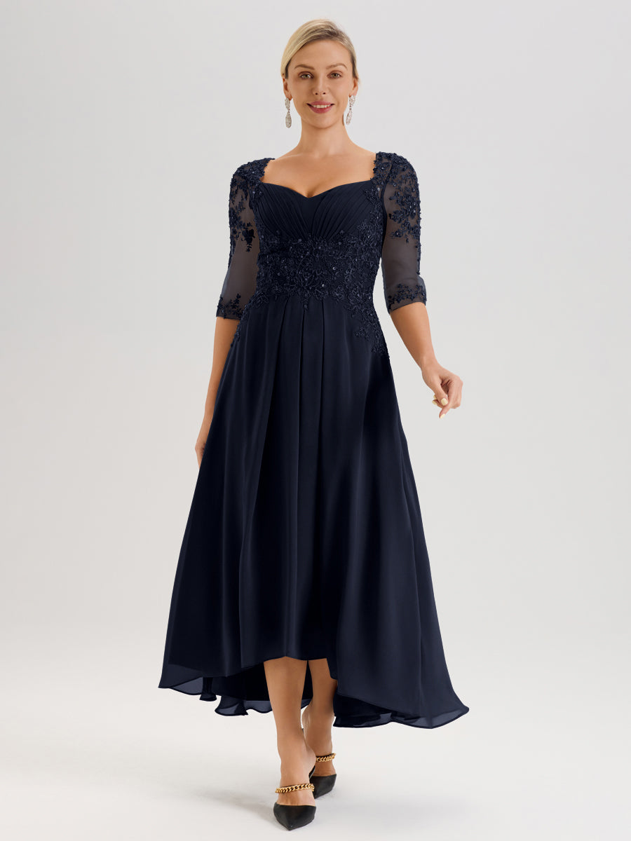 Cicinia Bleu Marine Robe De Mère De La Mariée Longue À Ourlet Irrégulier Ligne A En Dentelle Et Mousseline À Décolleté Cœur Et Manches Demi