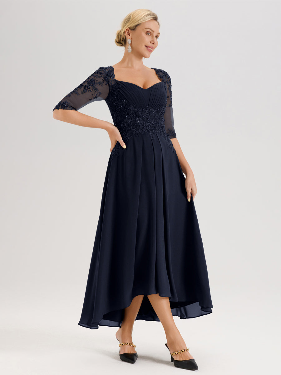 Cicinia Bleu Marine Robe De Mère De La Mariée Longue À Ourlet Irrégulier Ligne A En Dentelle Et Mousseline À Décolleté Cœur Et Manches Demi