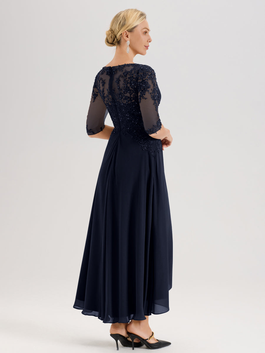 Cicinia Bleu Marine Robe De Mère De La Mariée Longue À Ourlet Irrégulier Ligne A En Dentelle Et Mousseline À Décolleté Cœur Et Manches Demi