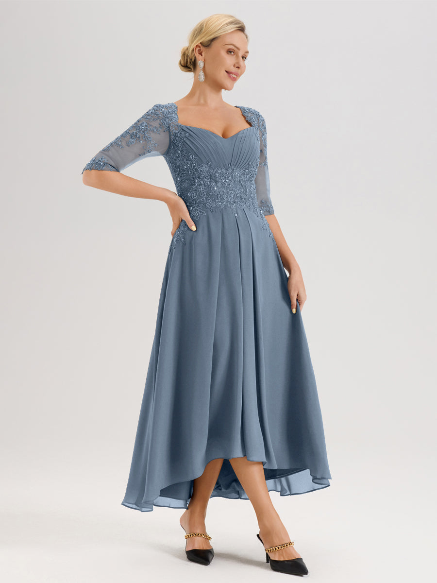 Cicinia Bleu Poudré Robe De Mère De La Mariée Longue À Ourlet Irrégulier Ligne A En Dentelle Et Mousseline À Décolleté Cœur Et Manches Demi