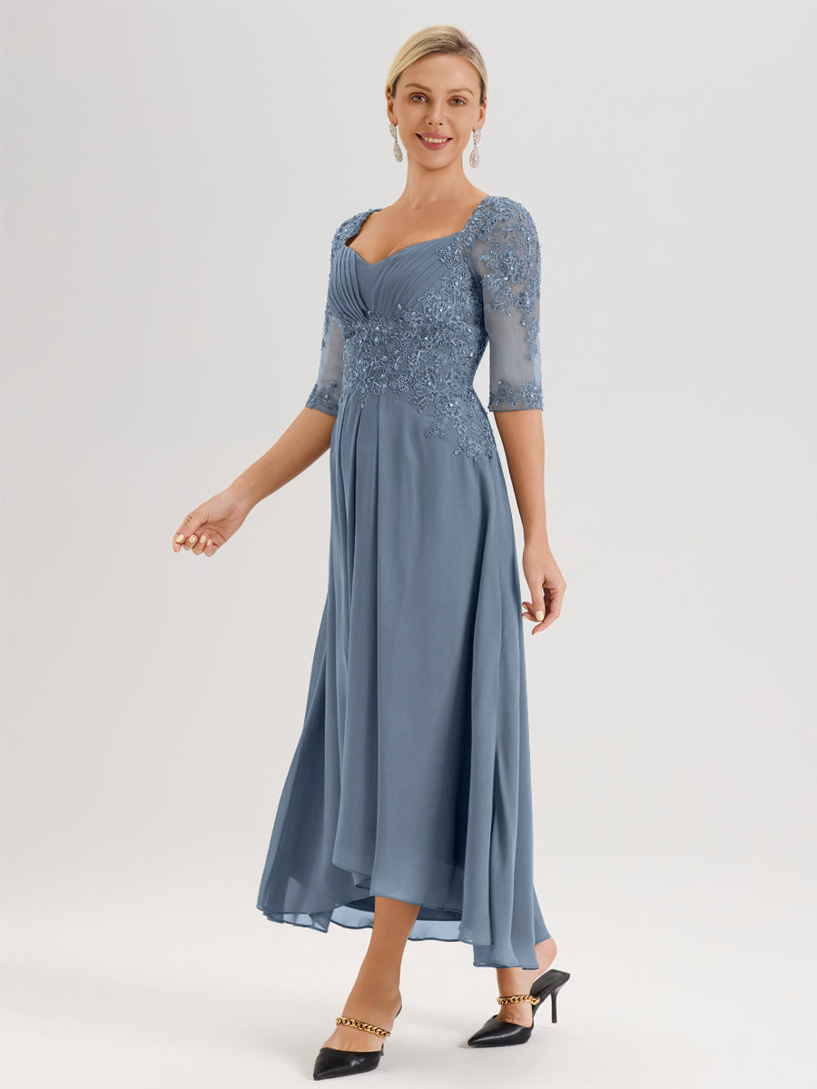 Cicinia Bleu Poudré Robe De Mère De La Mariée Longue À Ourlet Irrégulier Ligne A En Dentelle Et Mousseline À Décolleté Cœur Et Manches Demi