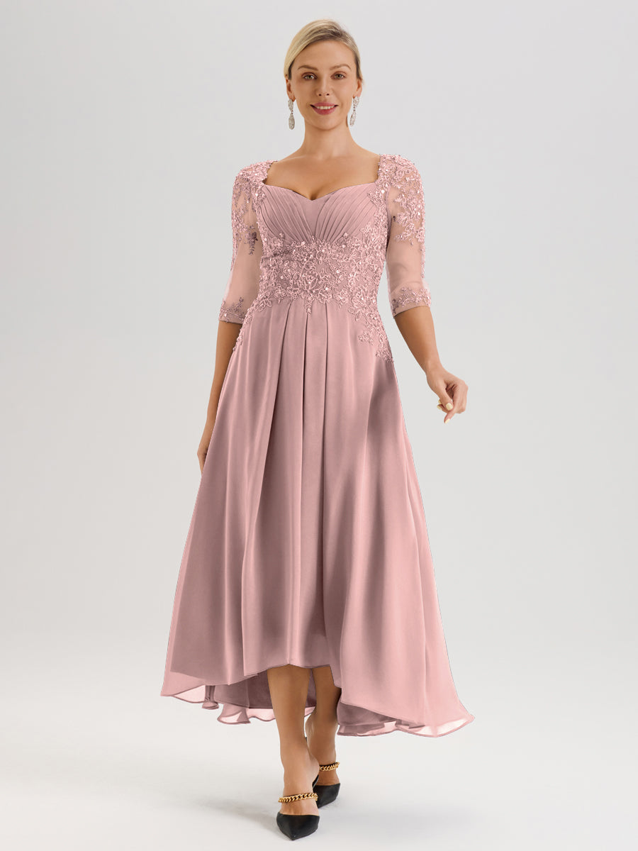 Cicinia Rose Poudré Robe De Mère De La Mariée Longue À Ourlet Irrégulier Ligne A En Dentelle Et Mousseline À Décolleté Cœur Et Manches Demi