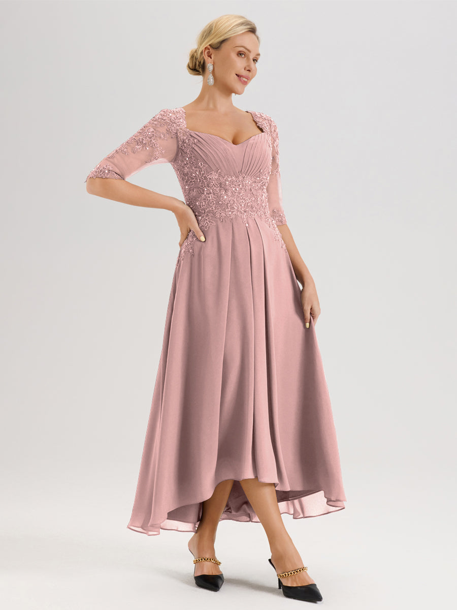 Cicinia Rose Poudré Robe De Mère De La Mariée Longue À Ourlet Irrégulier Ligne A En Dentelle Et Mousseline À Décolleté Cœur Et Manches Demi