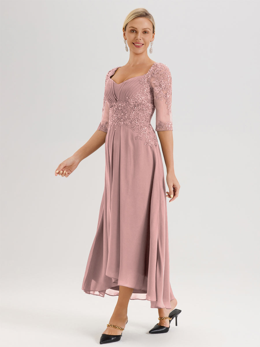 Cicinia Rose Poudré Robe De Mère De La Mariée Longue À Ourlet Irrégulier Ligne A En Dentelle Et Mousseline À Décolleté Cœur Et Manches Demi