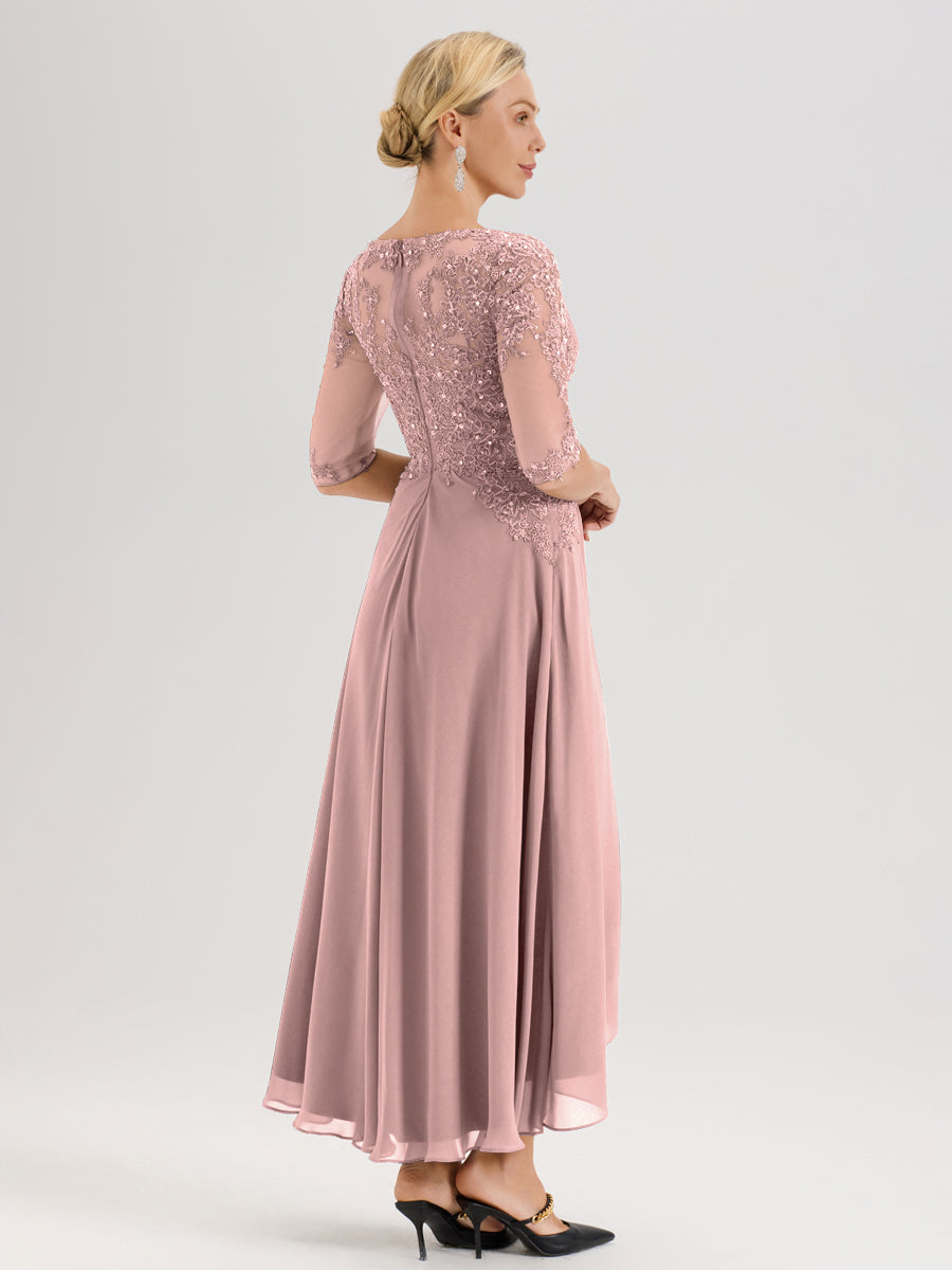 Cicinia Rose Poudré Robe De Mère De La Mariée Longue À Ourlet Irrégulier Ligne A En Dentelle Et Mousseline À Décolleté Cœur Et Manches Demi