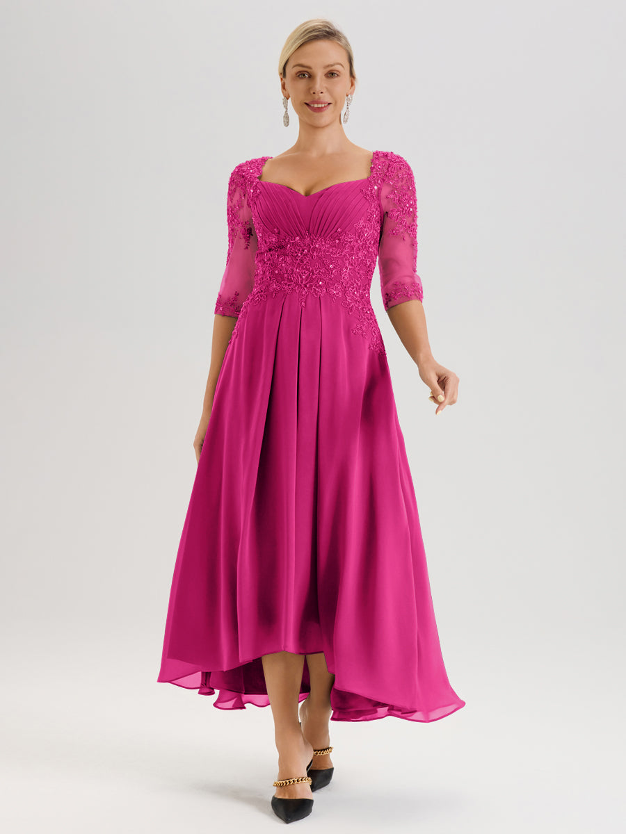 Cicinia Fuchsia Robe De Mère De La Mariée Longue À Ourlet Irrégulier Ligne A En Dentelle Et Mousseline À Décolleté Cœur Et Manches Demi