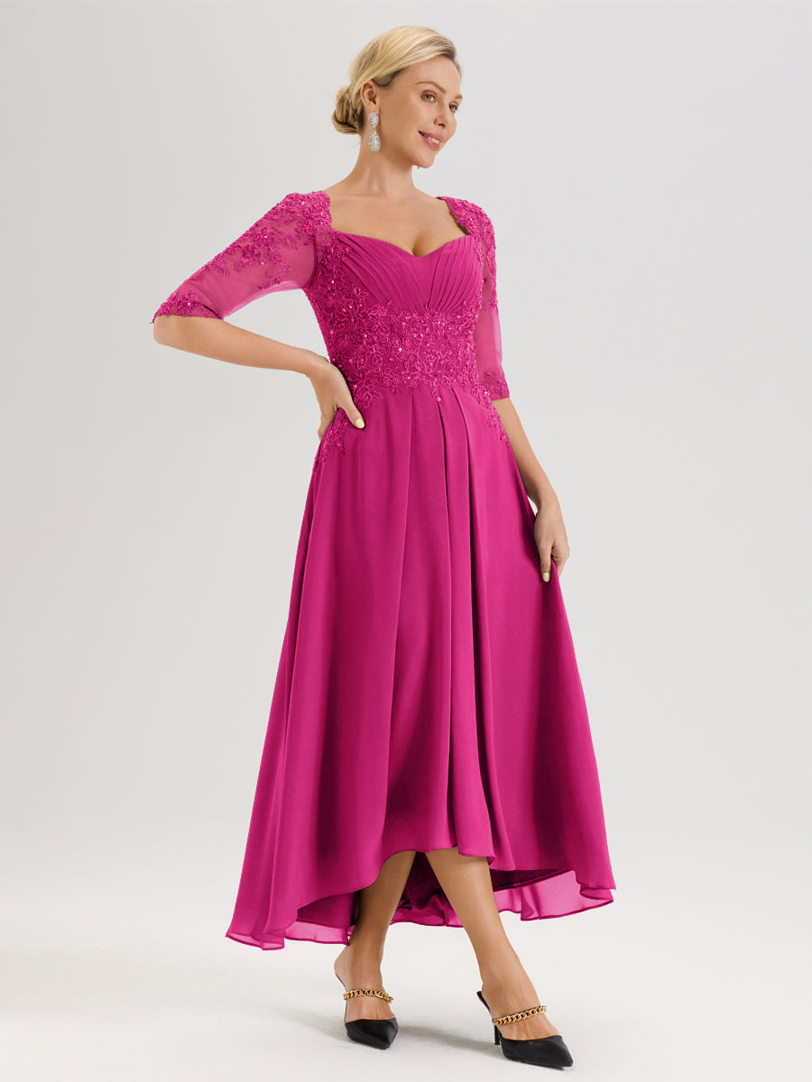 Cicinia Fuchsia Robe De Mère De La Mariée Longue À Ourlet Irrégulier Ligne A En Dentelle Et Mousseline À Décolleté Cœur Et Manches Demi