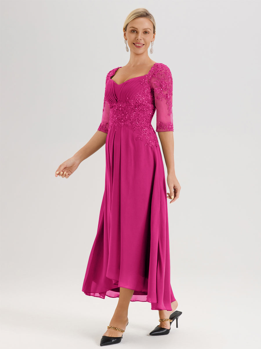 Cicinia Fuchsia Robe De Mère De La Mariée Longue À Ourlet Irrégulier Ligne A En Dentelle Et Mousseline À Décolleté Cœur Et Manches Demi