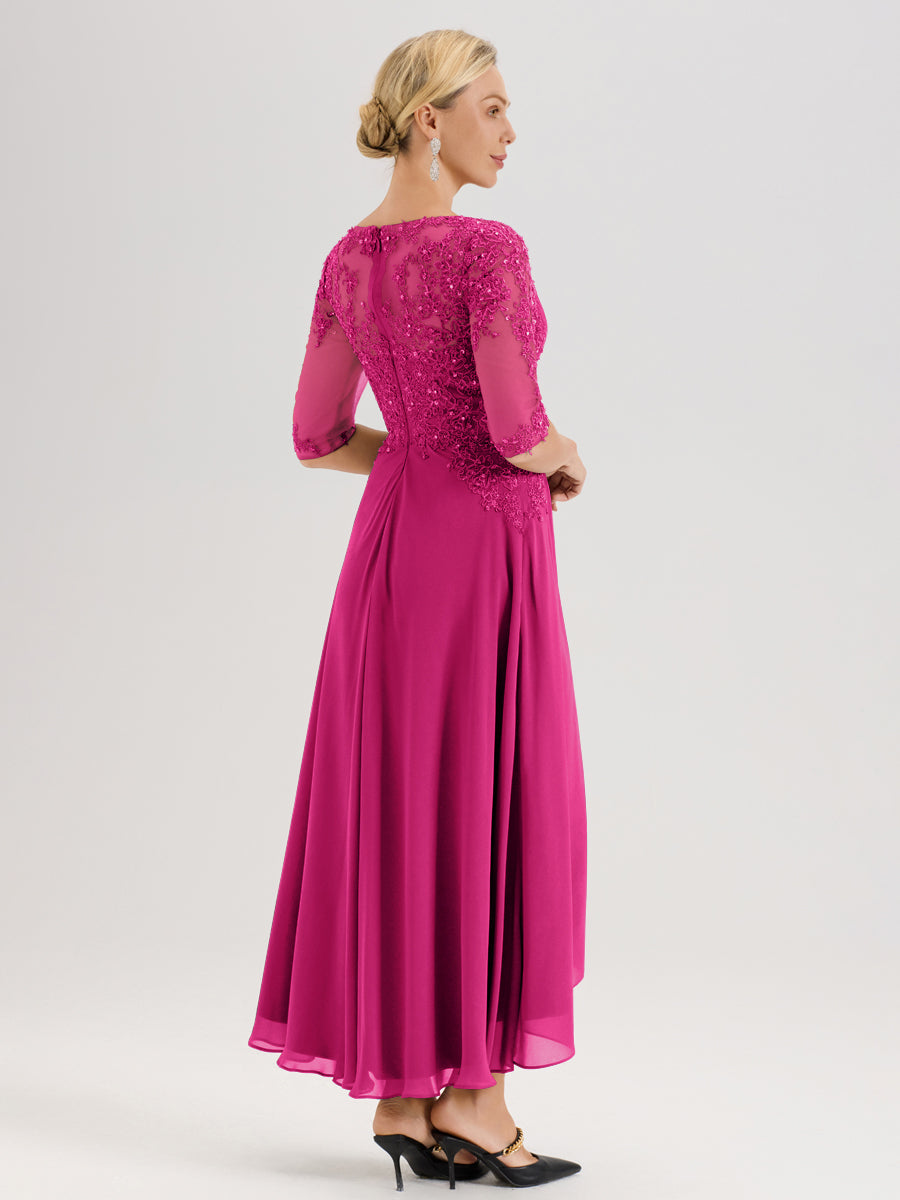 Cicinia Fuchsia Robe De Mère De La Mariée Longue À Ourlet Irrégulier Ligne A En Dentelle Et Mousseline À Décolleté Cœur Et Manches Demi