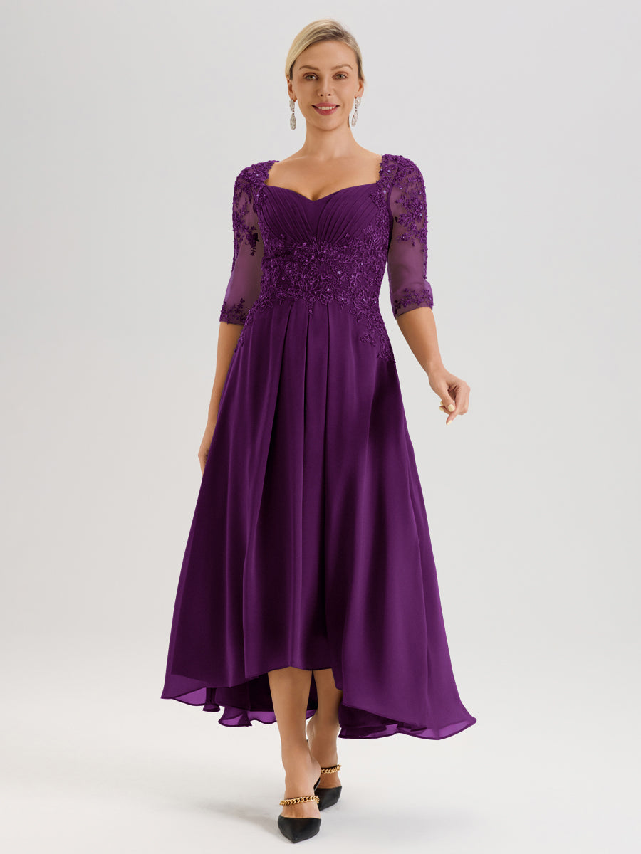 Cicinia Raisin Robe De Mère De La Mariée Longue À Ourlet Irrégulier Ligne A En Dentelle Et Mousseline À Décolleté Cœur Et Manches Demi