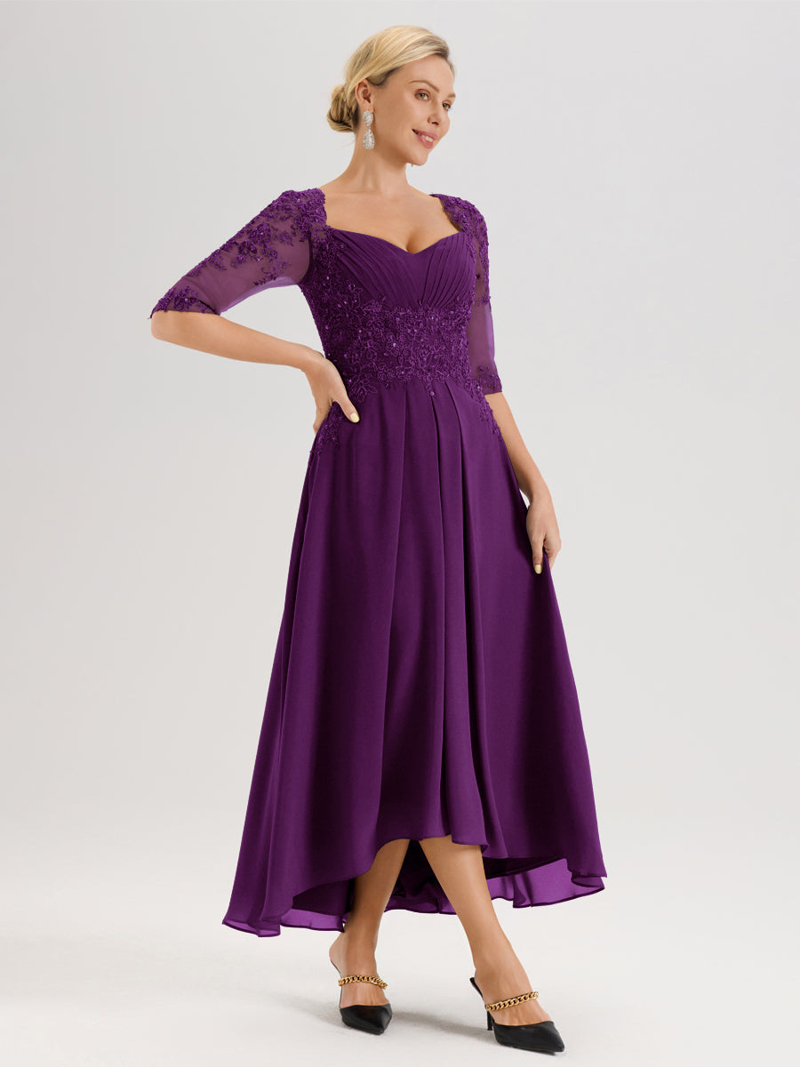 Cicinia Raisin Robe De Mère De La Mariée Longue À Ourlet Irrégulier Ligne A En Dentelle Et Mousseline À Décolleté Cœur Et Manches Demi