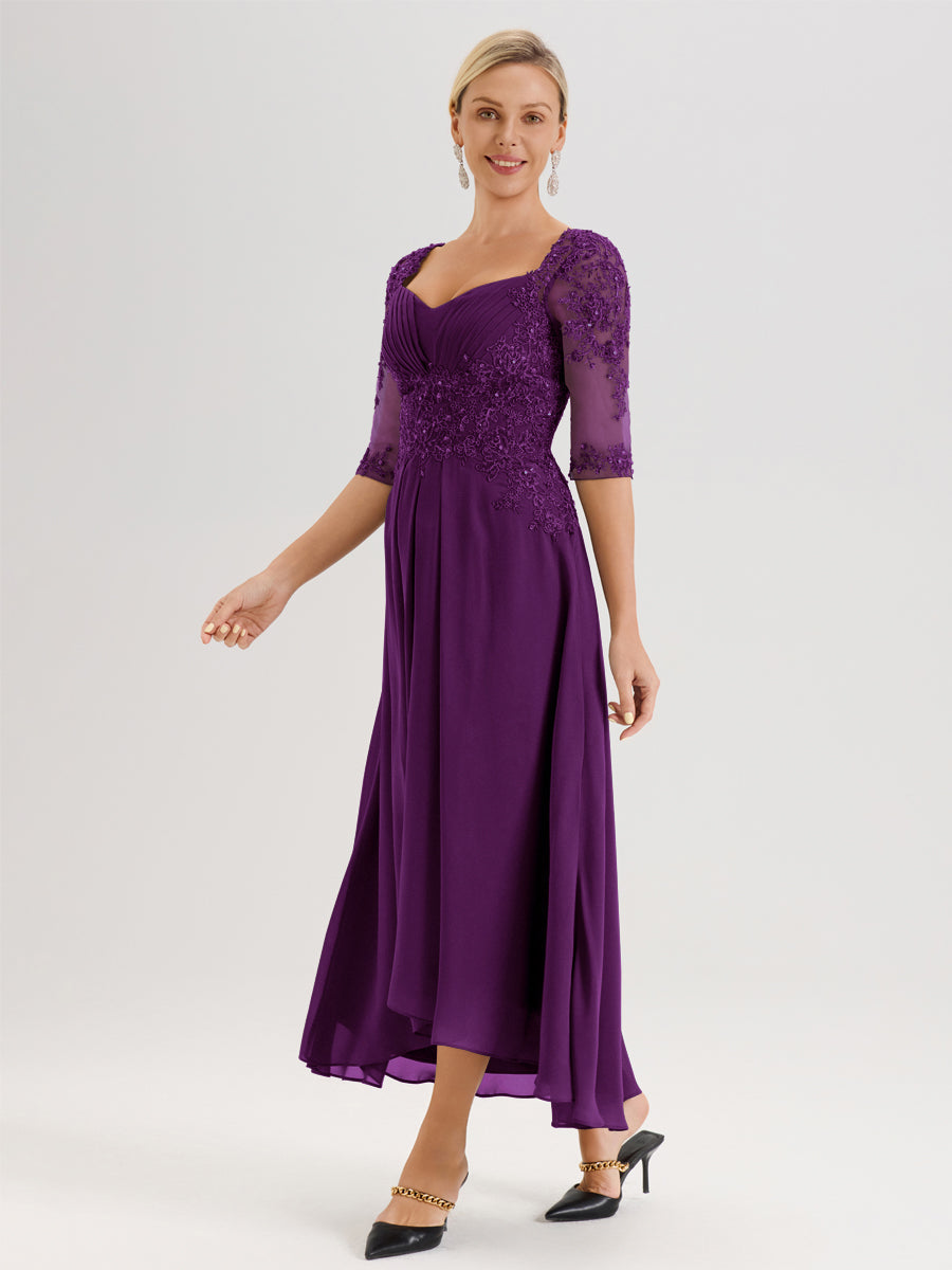 Cicinia Raisin Robe De Mère De La Mariée Longue À Ourlet Irrégulier Ligne A En Dentelle Et Mousseline À Décolleté Cœur Et Manches Demi