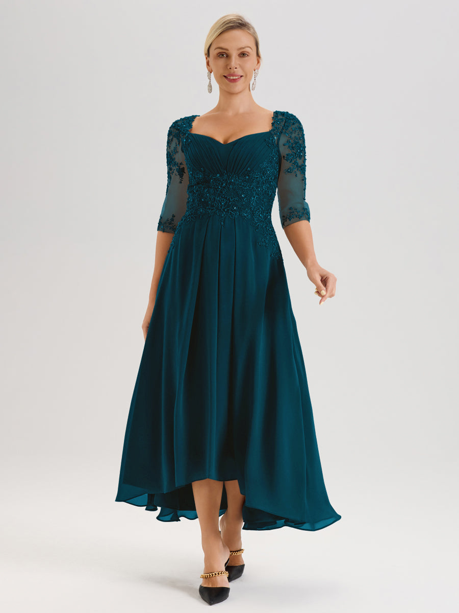 Cicinia Bleu Encre Robe De Mère De La Mariée Longue À Ourlet Irrégulier Ligne A En Dentelle Et Mousseline À Décolleté Cœur Et Manches Demi