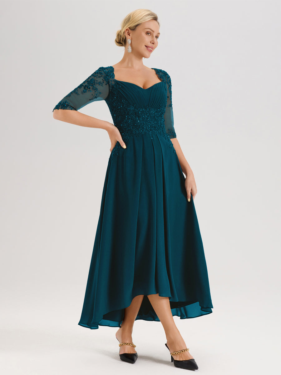 Cicinia Bleu Encre Robe De Mère De La Mariée Longue À Ourlet Irrégulier Ligne A En Dentelle Et Mousseline À Décolleté Cœur Et Manches Demi