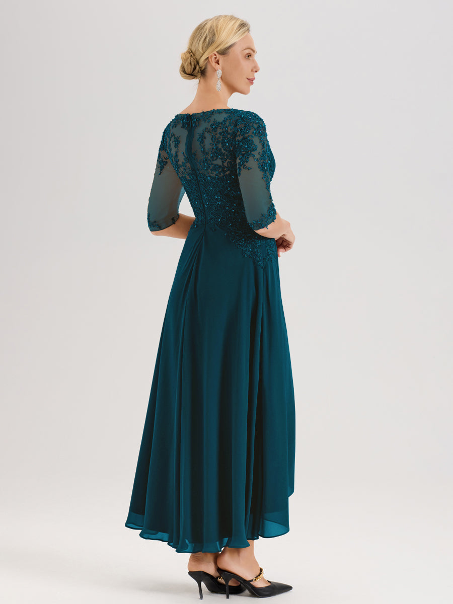 Cicinia Bleu Encre Robe De Mère De La Mariée Longue À Ourlet Irrégulier Ligne A En Dentelle Et Mousseline À Décolleté Cœur Et Manches Demi