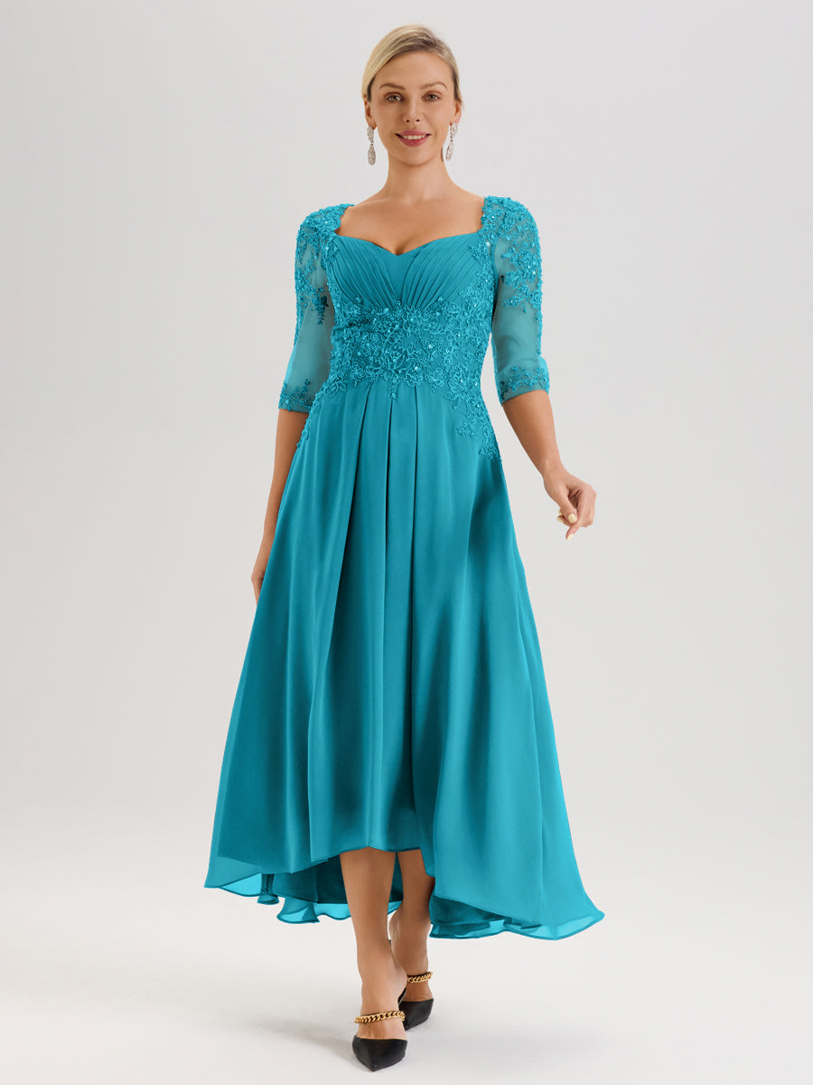Cicinia Jade Robe De Mère De La Mariée Longue À Ourlet Irrégulier Ligne A En Dentelle Et Mousseline À Décolleté Cœur Et Manches Demi