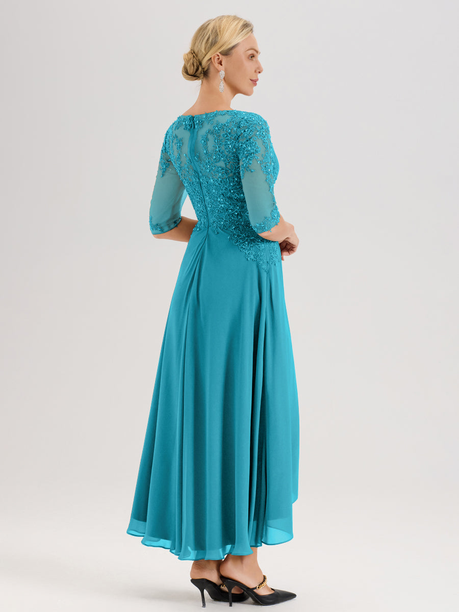 Cicinia Jade Robe De Mère De La Mariée Longue À Ourlet Irrégulier Ligne A En Dentelle Et Mousseline À Décolleté Cœur Et Manches Demi
