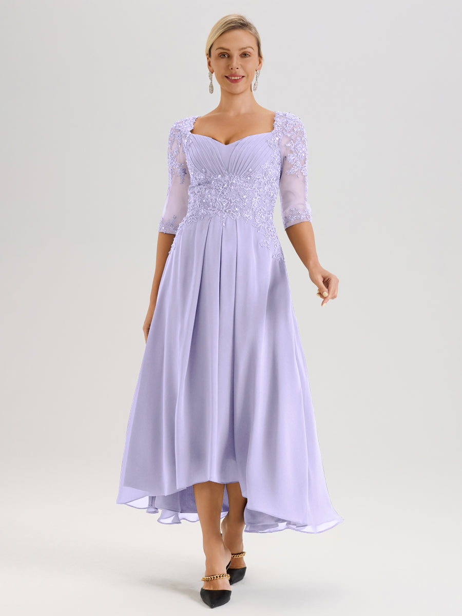 Cicinia Lilas Robe De Mère De La Mariée Longue À Ourlet Irrégulier Ligne A En Dentelle Et Mousseline À Décolleté Cœur Et Manches Demi