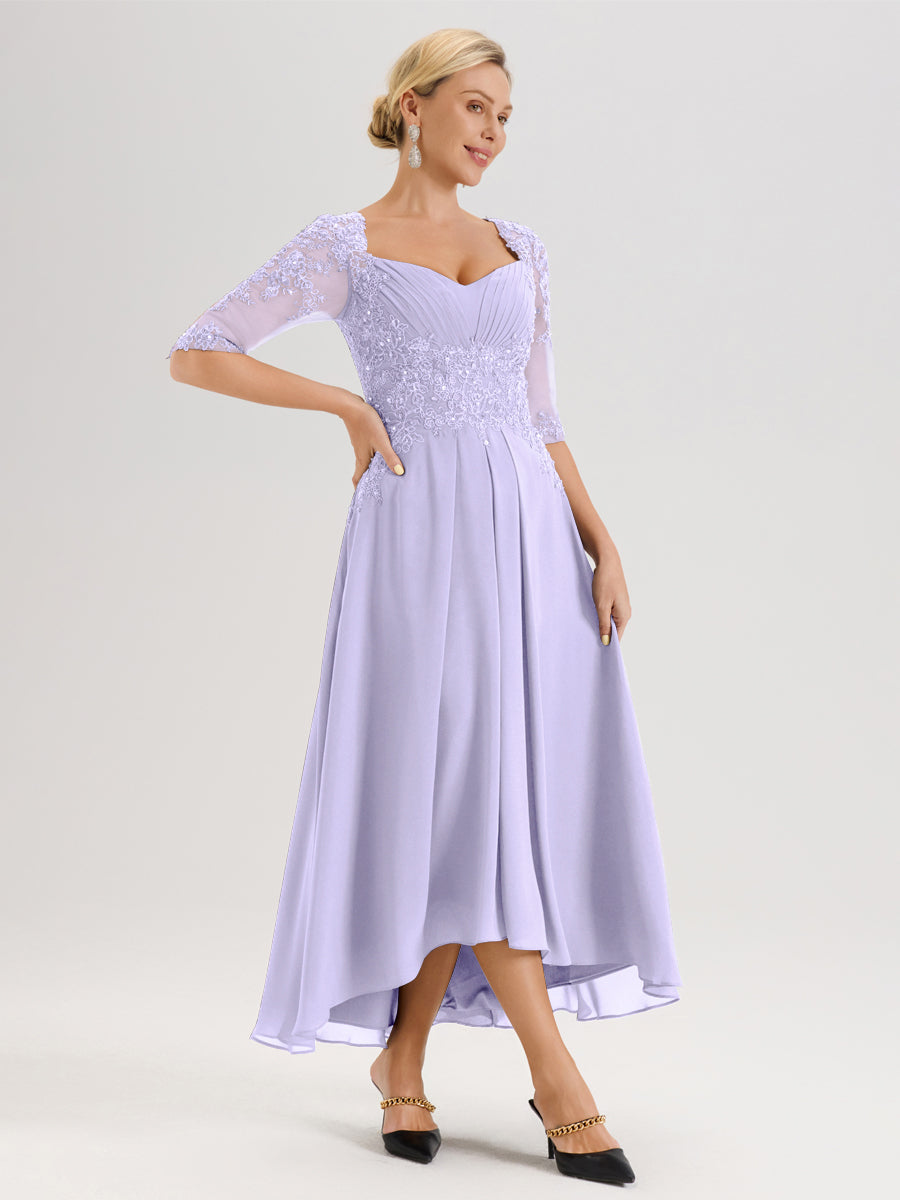 Cicinia Lilas Robe De Mère De La Mariée Longue À Ourlet Irrégulier Ligne A En Dentelle Et Mousseline À Décolleté Cœur Et Manches Demi
