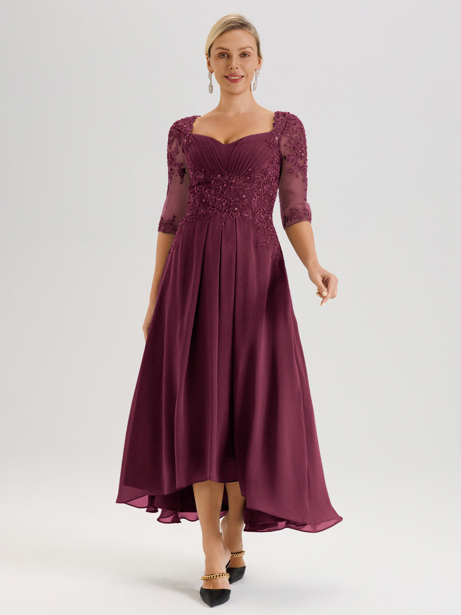 Cicinia Mûre Robe De Mère De La Mariée Longue À Ourlet Irrégulier Ligne A En Dentelle Et Mousseline À Décolleté Cœur Et Manches Demi