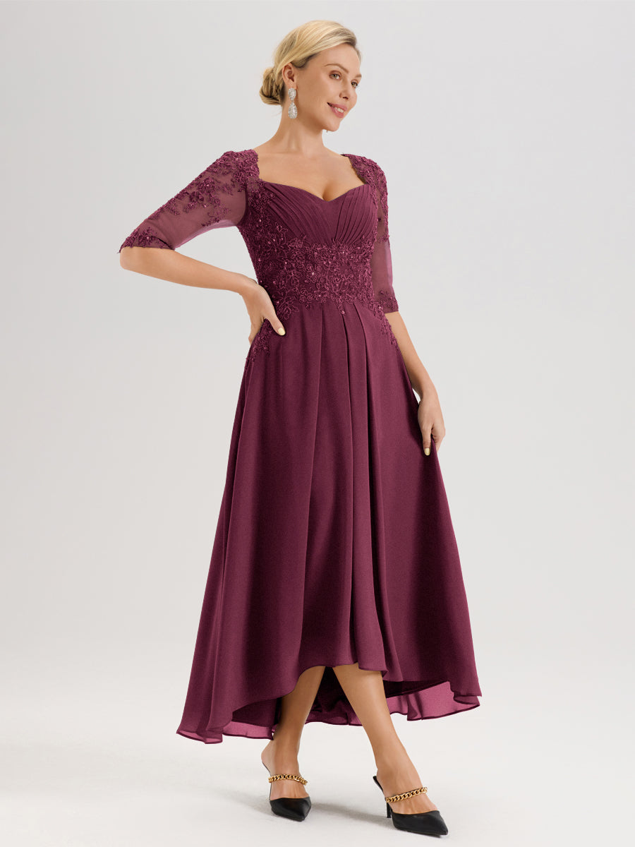 Cicinia Mûre Robe De Mère De La Mariée Longue À Ourlet Irrégulier Ligne A En Dentelle Et Mousseline À Décolleté Cœur Et Manches Demi