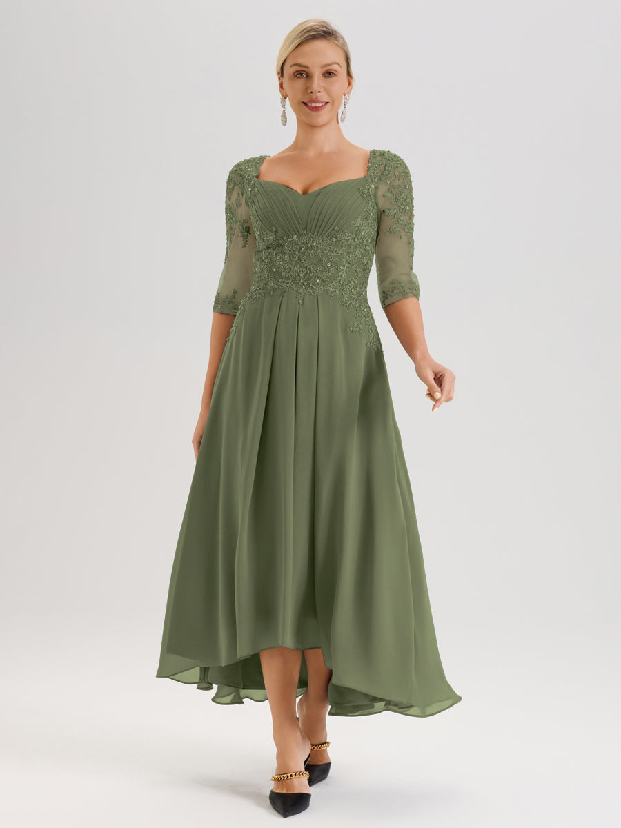 Cicinia Vert Olive Robe De Mère De La Mariée Longue À Ourlet Irrégulier Ligne A En Dentelle Et Mousseline À Décolleté Cœur Et Manches Demi