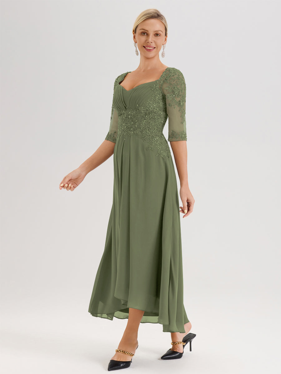 Cicinia Vert Olive Robe De Mère De La Mariée Longue À Ourlet Irrégulier Ligne A En Dentelle Et Mousseline À Décolleté Cœur Et Manches Demi