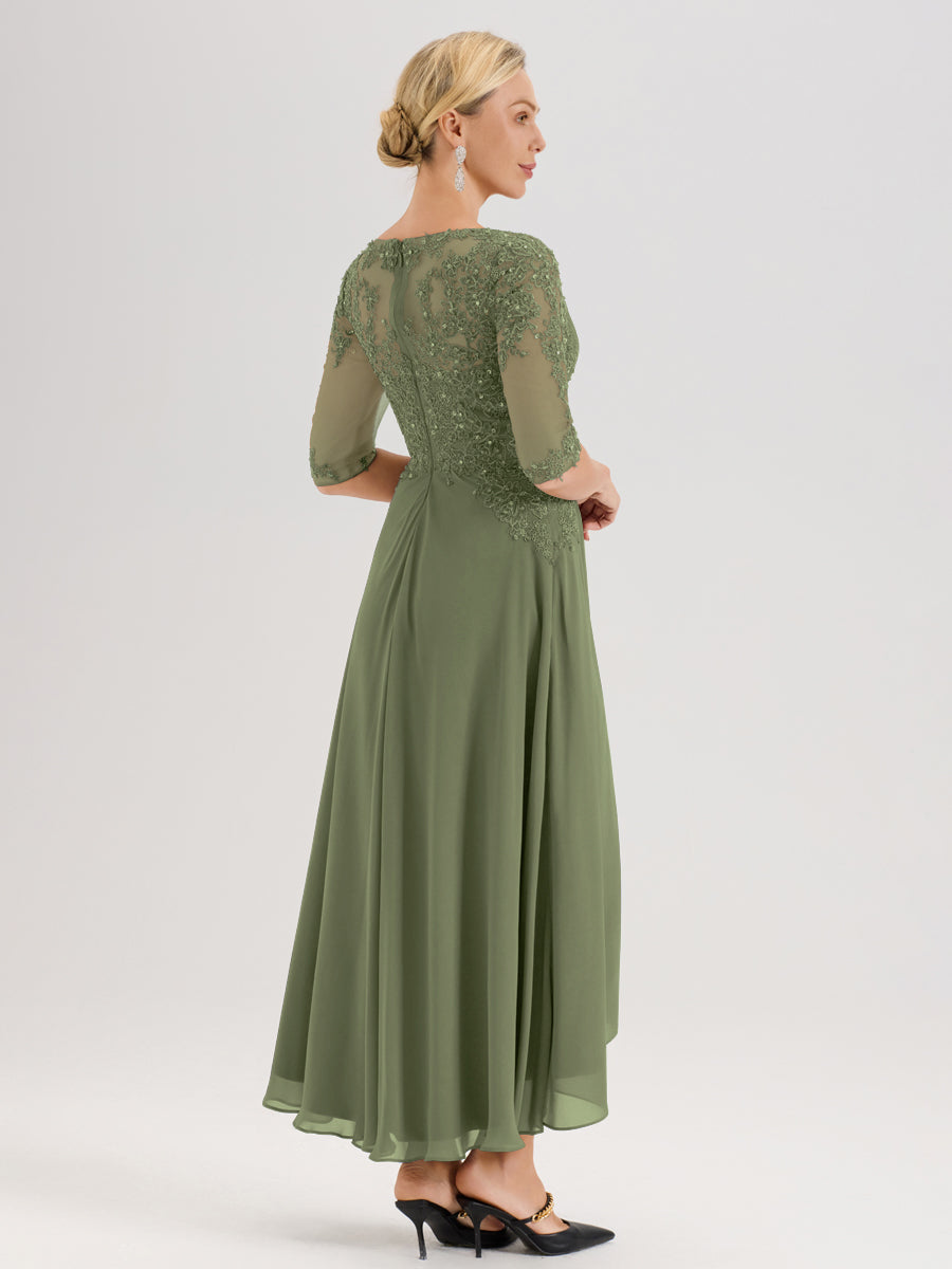 Cicinia Vert Olive Robe De Mère De La Mariée Longue À Ourlet Irrégulier Ligne A En Dentelle Et Mousseline À Décolleté Cœur Et Manches Demi